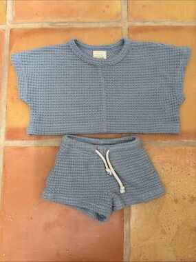 Raised by Water Textured Knit Crop Top & Drawstring Shorts Set - Dusty Blue
